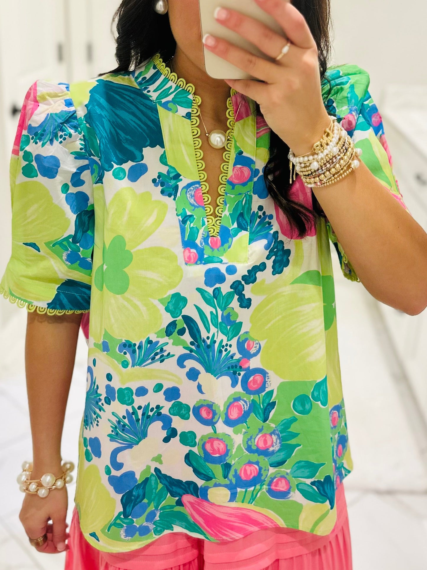 The Remi Lime Green Floral Scallop Trim Top