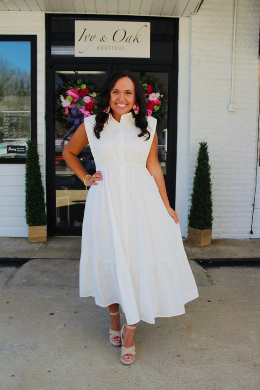 The Lynn White Sleeveless Midi Dress