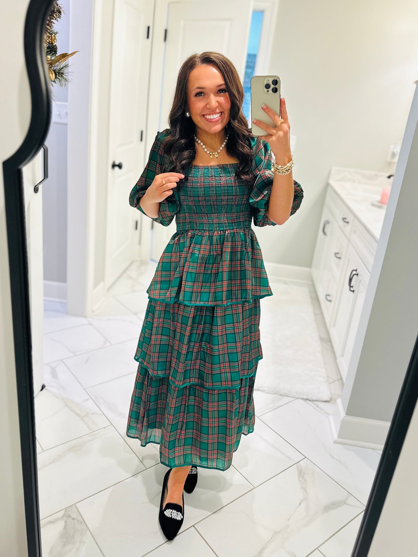 The Holly Green Christmas Plaid Tiered Midi Dress