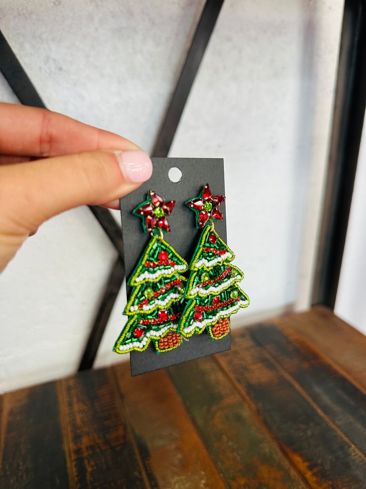 Green + Red Christmas Tree Beaded Earring
