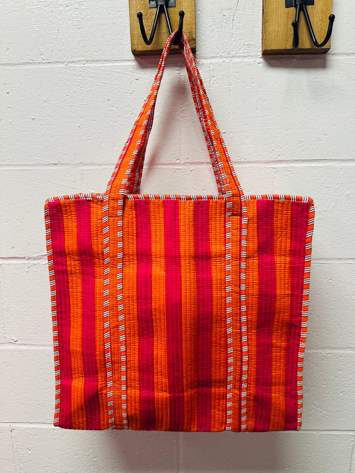 The Pink + Orange Striped Quilted Tote Bag