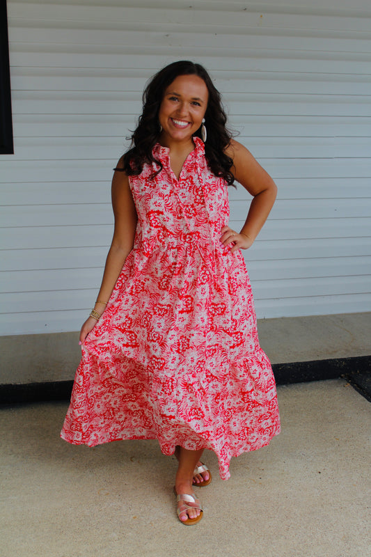 The Leia Red Floral Print Midi Dress