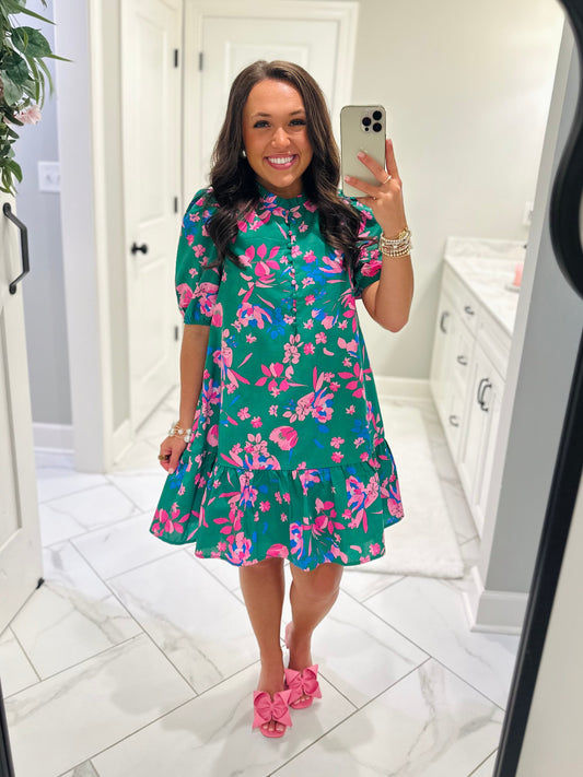 The Denavi Green + Pink Floral Dress