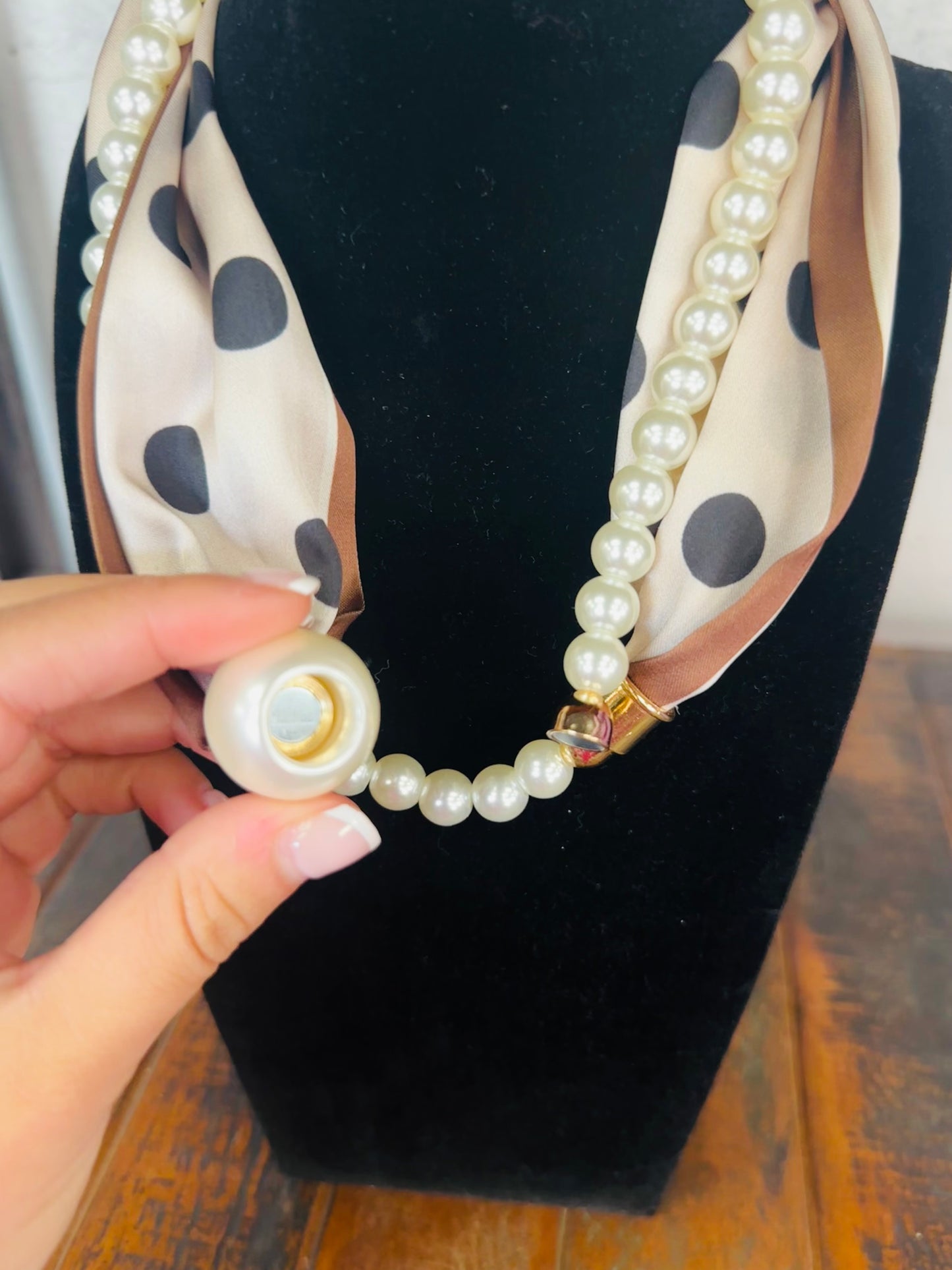 Brown + Cream Polkadot Pearl Layered Scarf Necklace