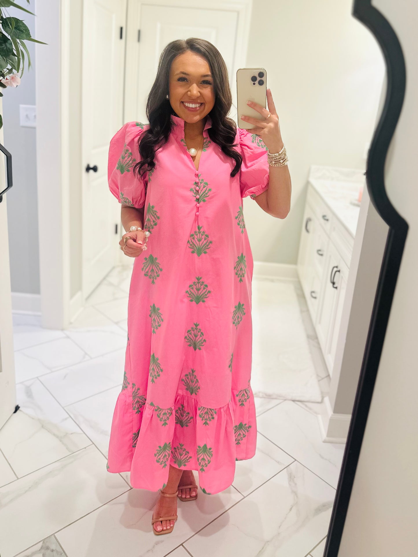 The Nola Pink + Green Botanical Embroidered Midi Dress