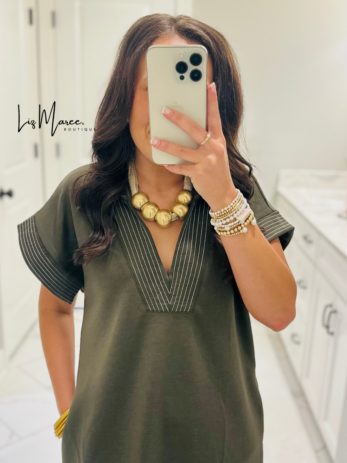 The Parker Olive Collared Stitch Midi Dress