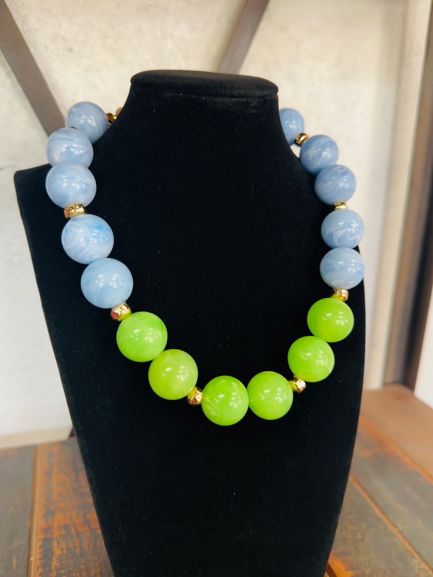 Blue + Lime Green Acrylic Beaded Ball Necklace
