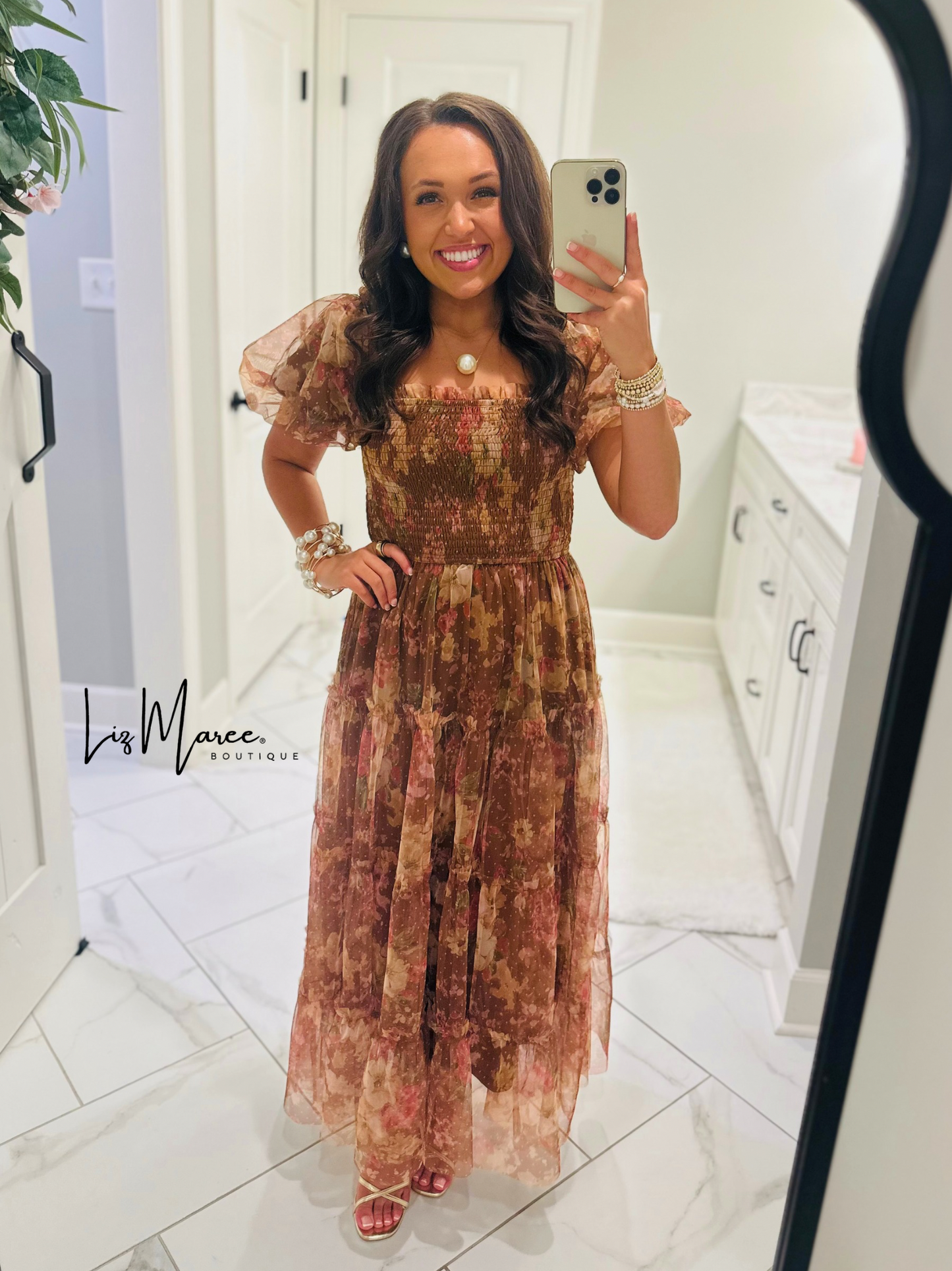 The Halston Light Brown Floral Polka Dot Midi Dress