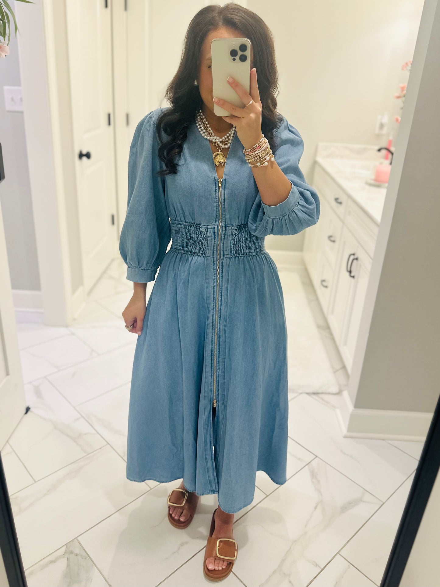 The Libby Denim Light Wash Midi Dress