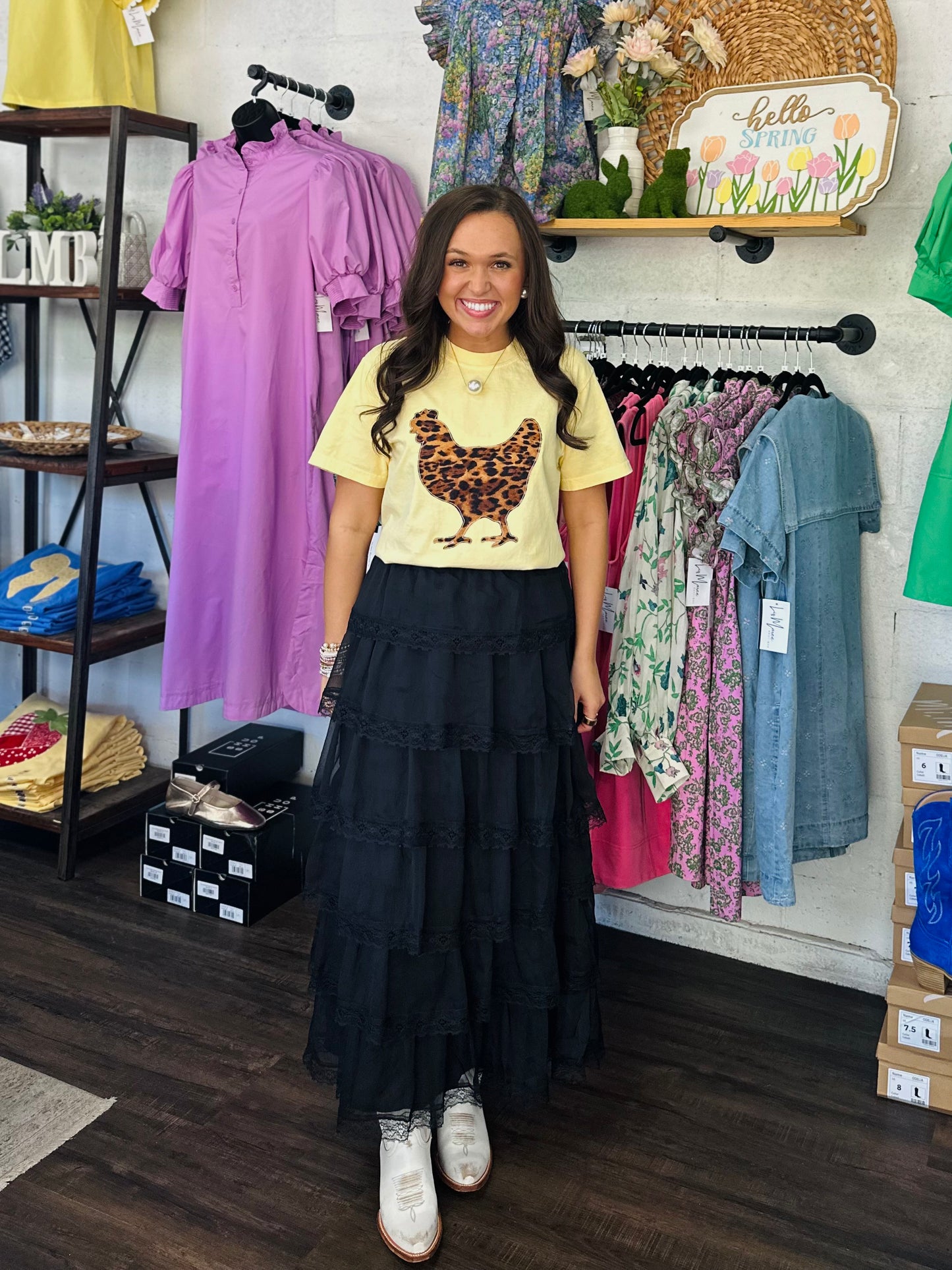 The June Black Tiered Chiffon Lace Trim Maxi Skirt