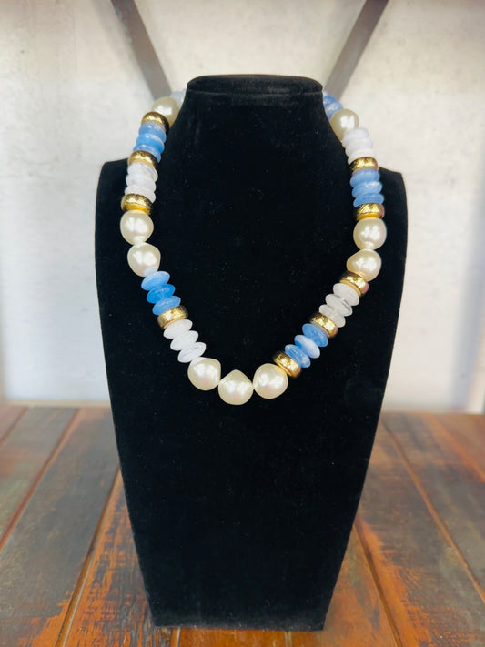 Blue + Gold Pearl Bead Necklace