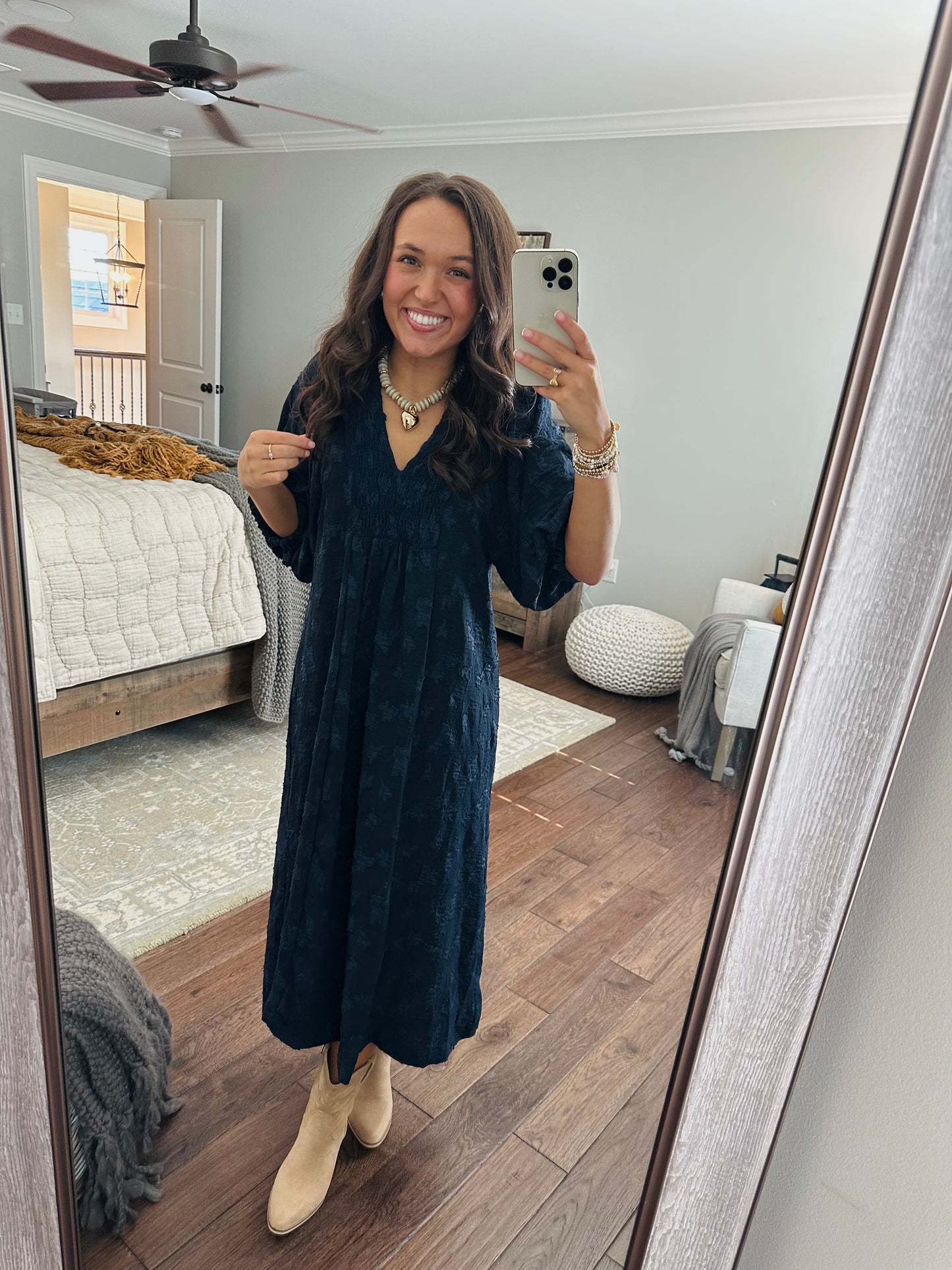 The Mina Navy Textured Midi Dress
