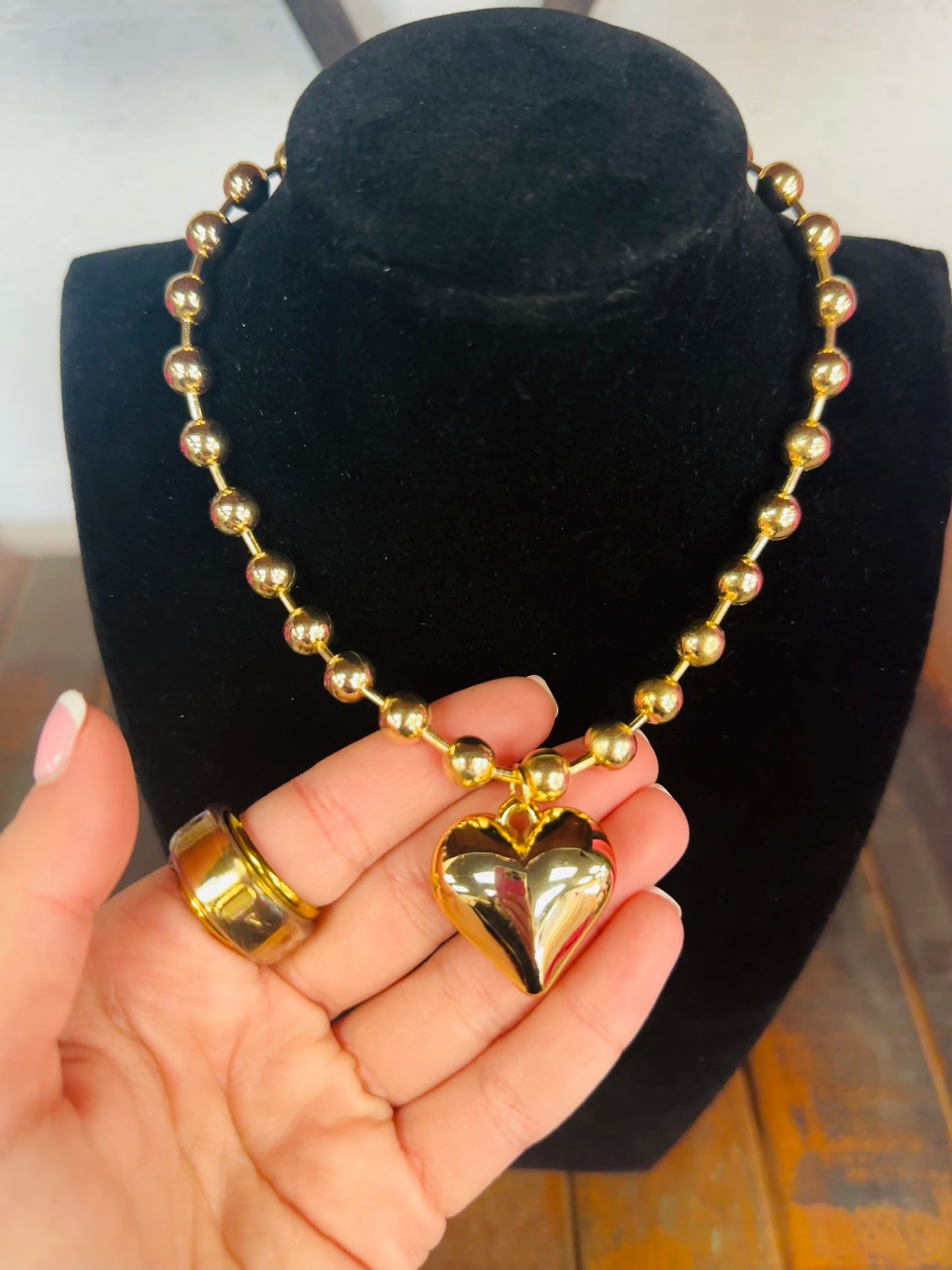 Gold Puffy Heart Beaded Necklace