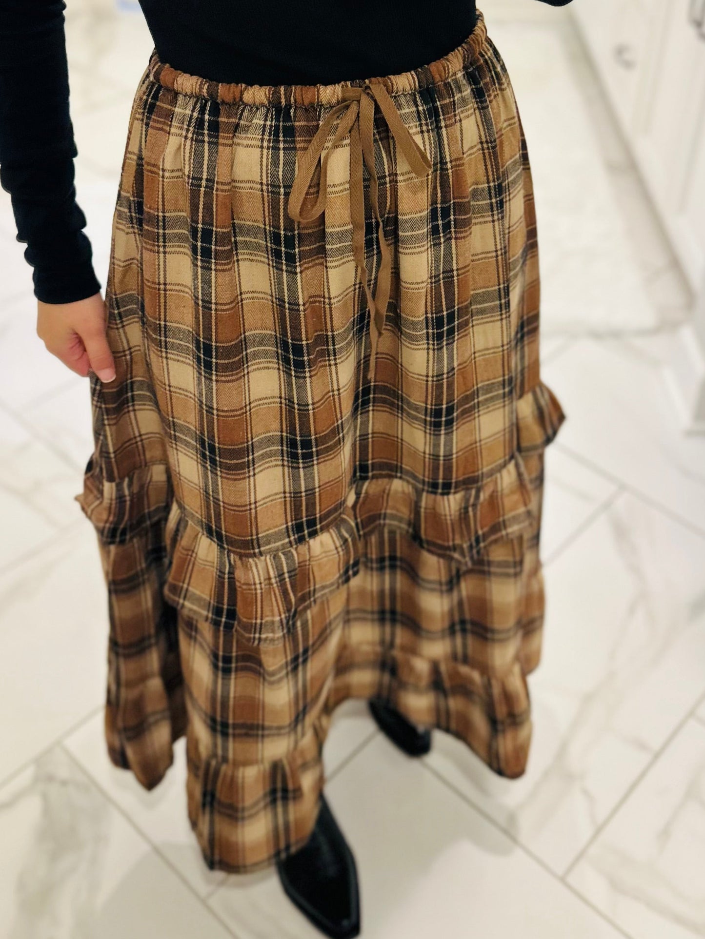 The Raine Mocha Plaid Ruffle Tiered Midi Skirt