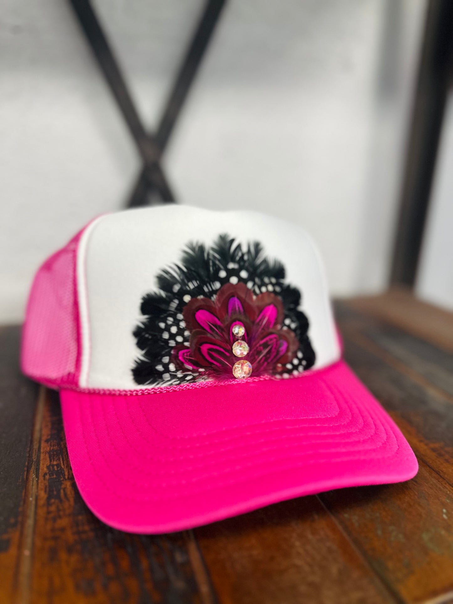 Hot Pink Feather + Trio Diamond Stone Trucker Hat