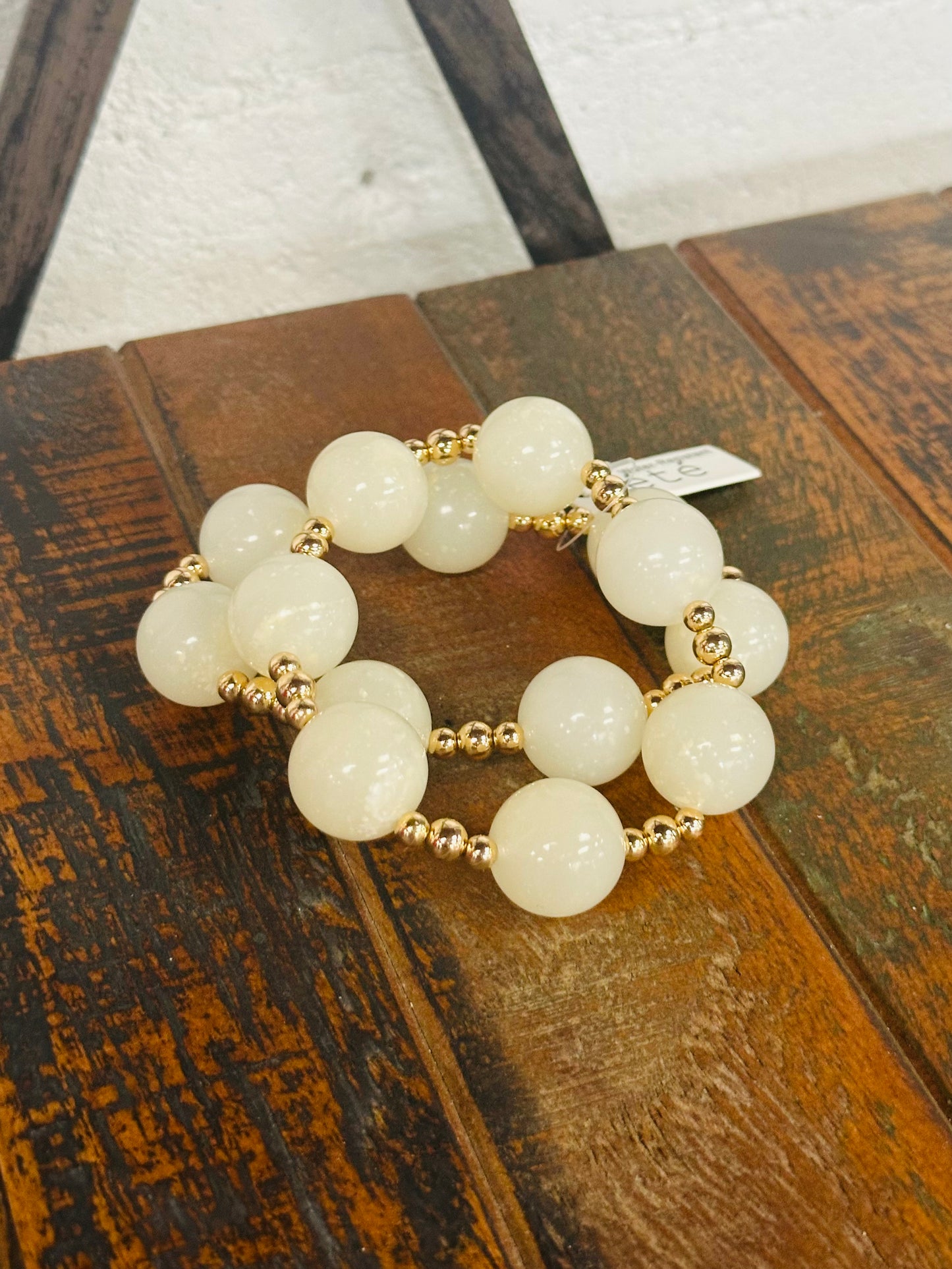 Ivory + Gold Marble Ball Bracelet Set