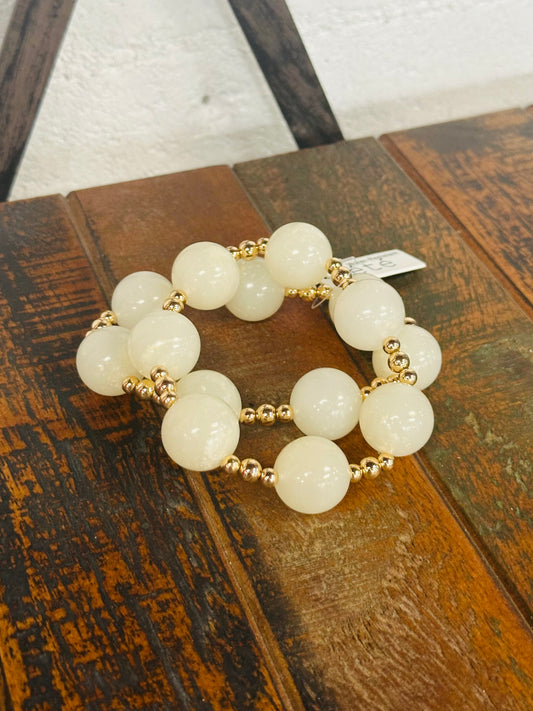Ivory + Gold Marble Ball Bracelet Set