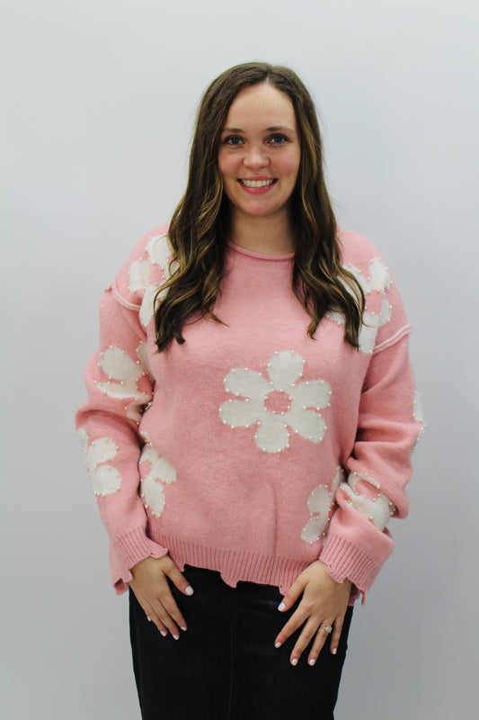 Blushing Pink Pearl Daisy Drop Shoulder Sweater