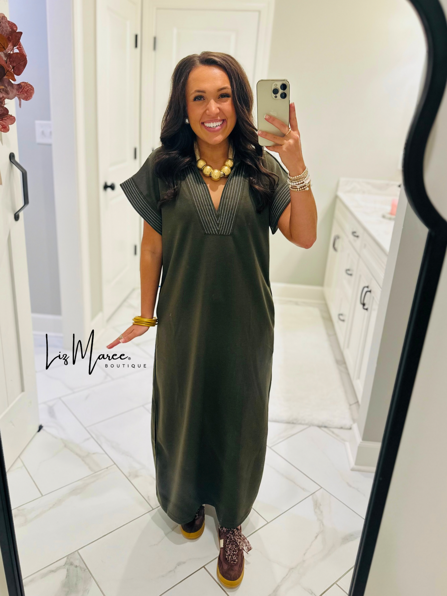 The Parker Olive Collared Stitch Midi Dress