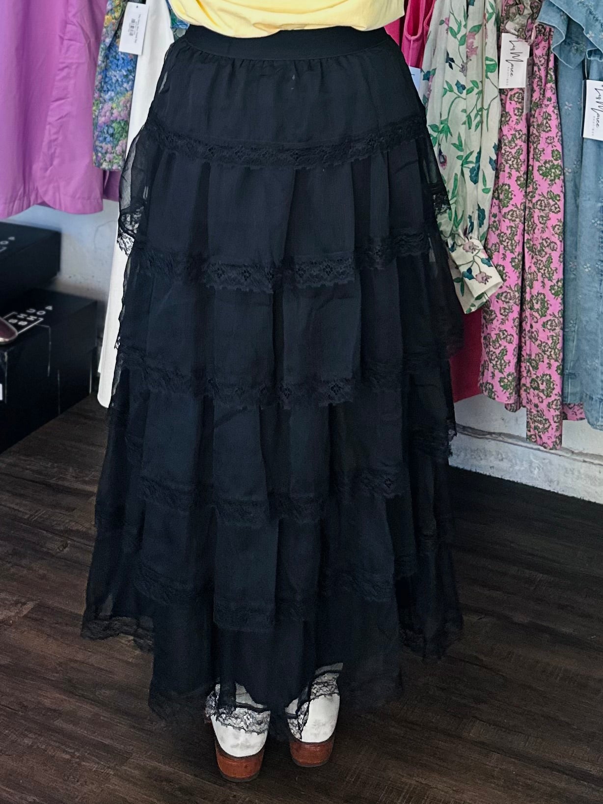 The June Black Tiered Chiffon Lace Trim Maxi Skirt