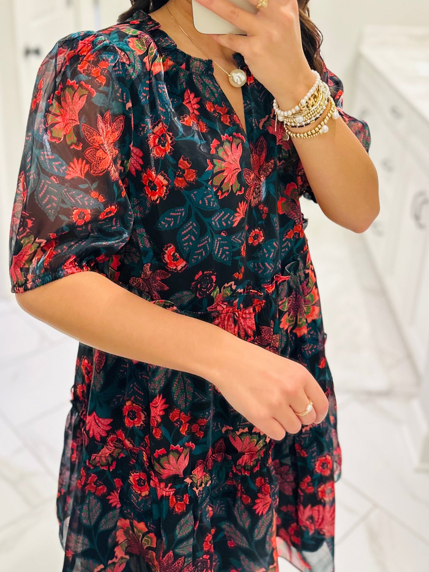 The Briala Black Floral Tiered Dress