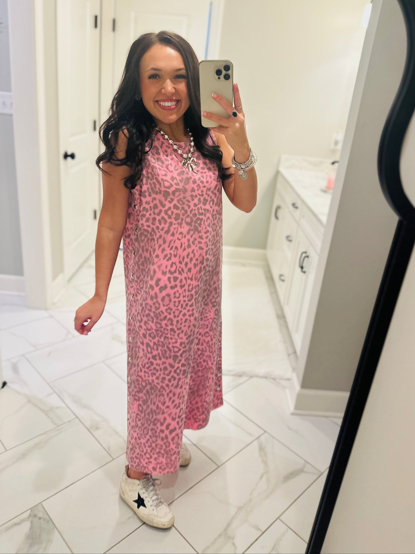 The Brooke Pink Leopard Midi Dress