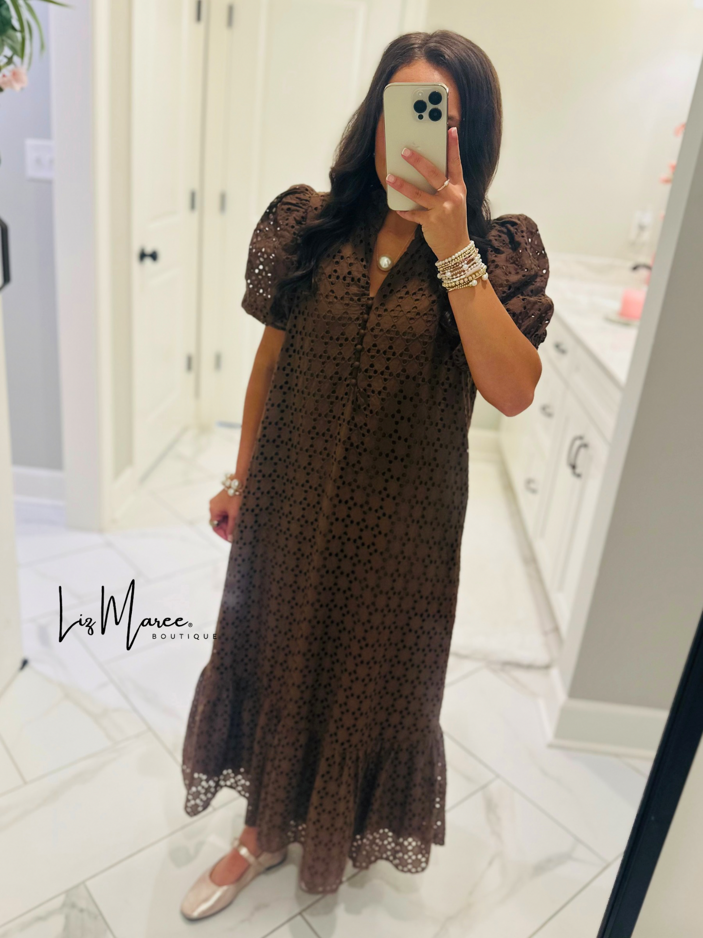 The Liz Brown Eyelet Midi Dress