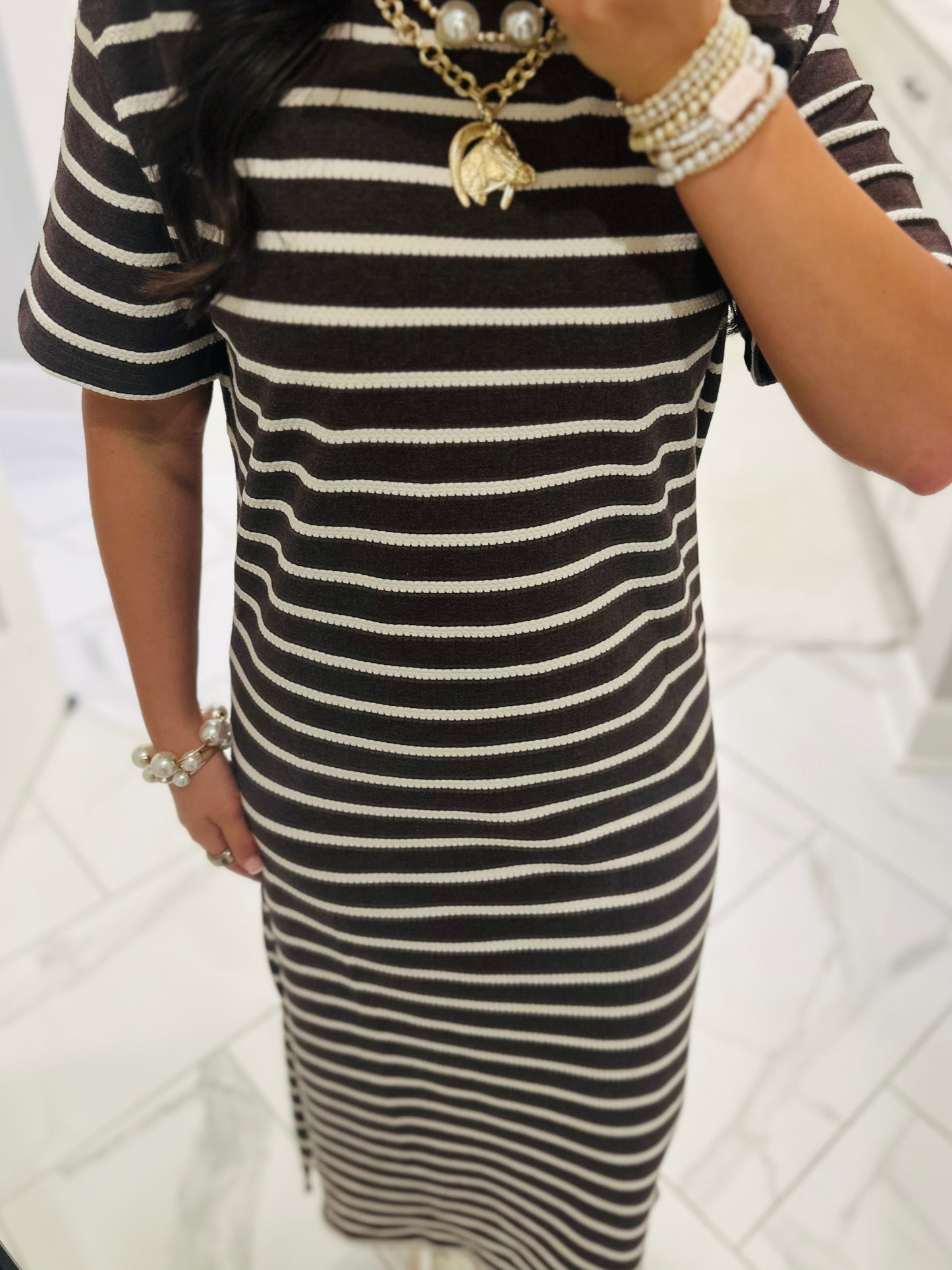 The Abigail Heathered Cocoa Striped Midi Dress
