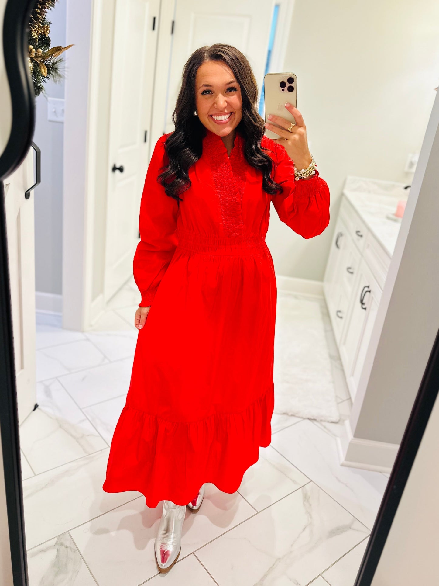 The Rudy Red Long Sleeve Midi Dress