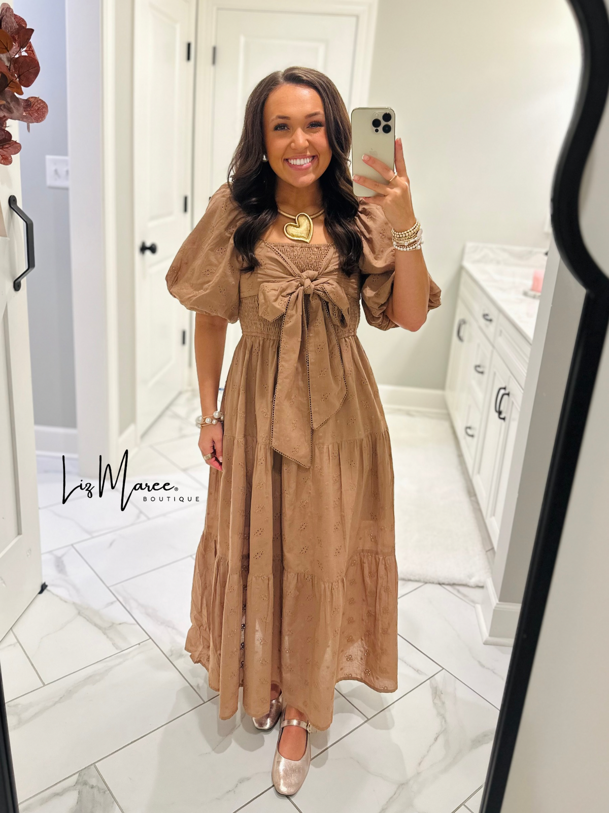 The Isabelle Light Brown Eyelet Bow Midi Dress