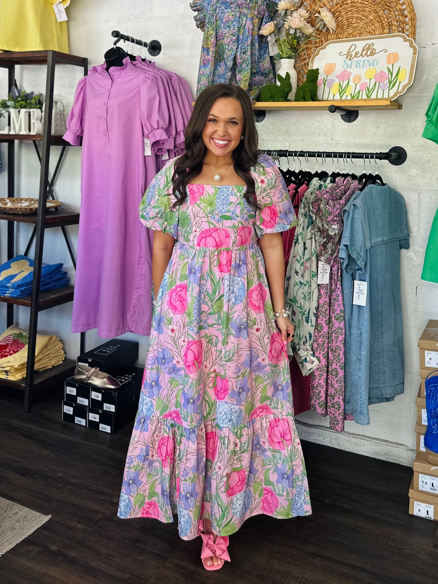 The Danyale Pink Floral Bow Midi Dress