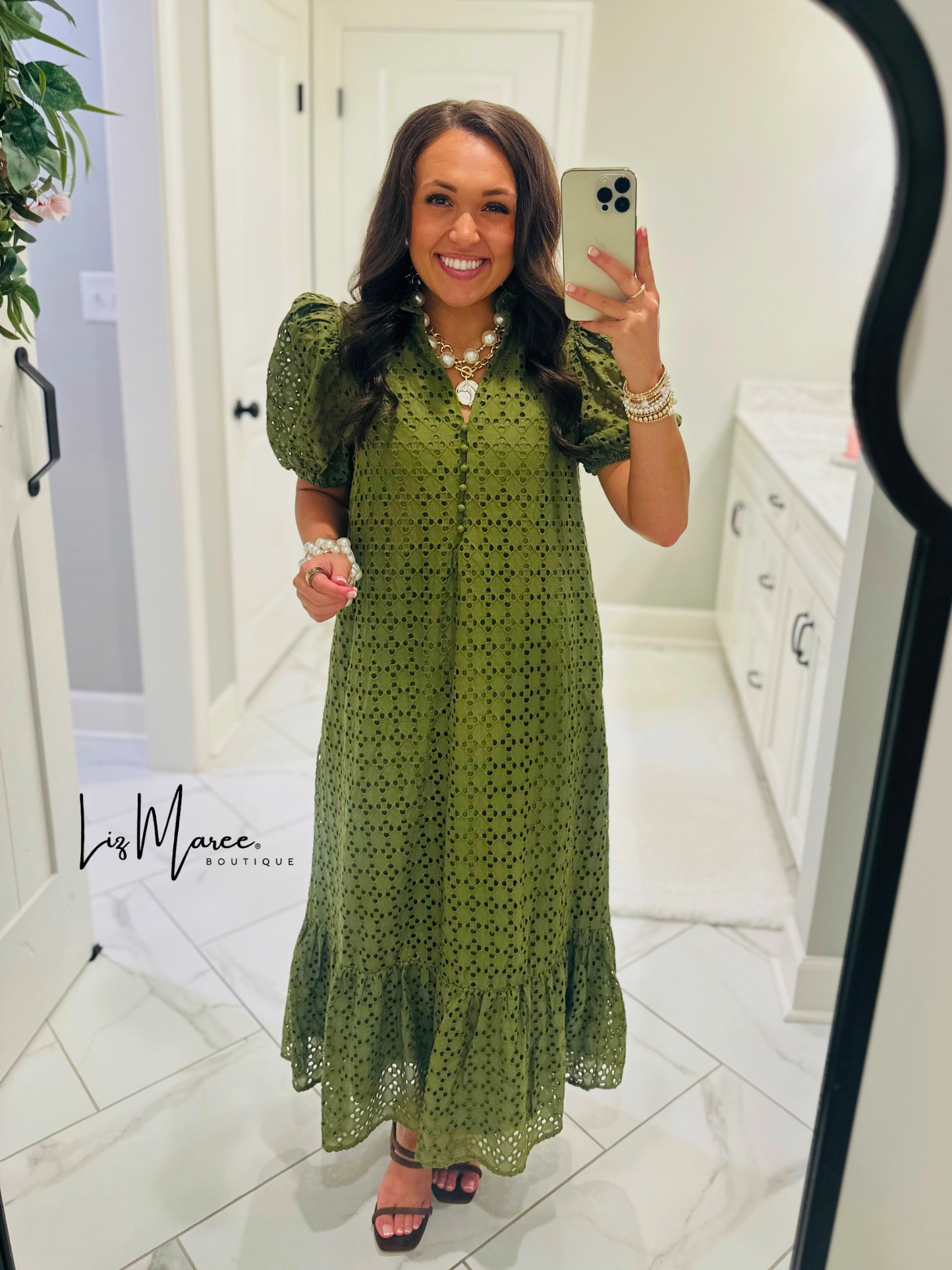 The Liz Olive Green Eyelet Midi Dress