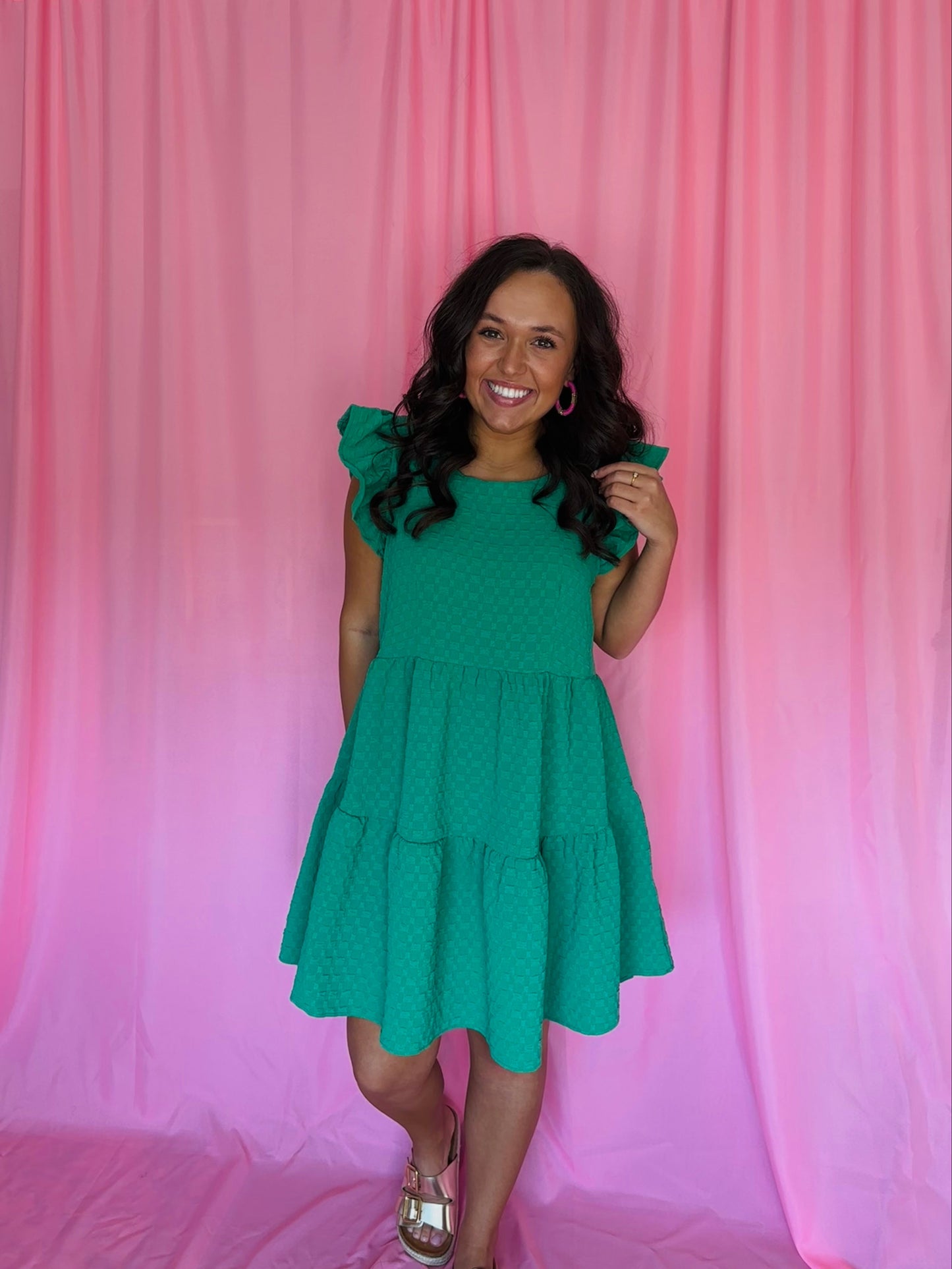 The Kodi Kelly Green Textured Tiered Swing Dress