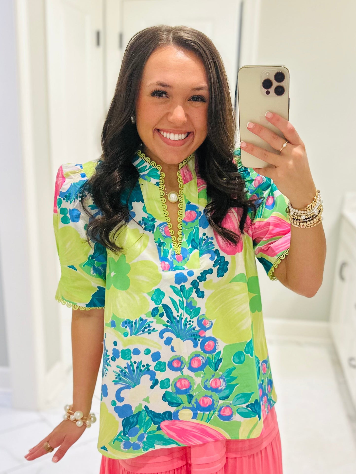 The Remi Lime Green Floral Scallop Trim Top