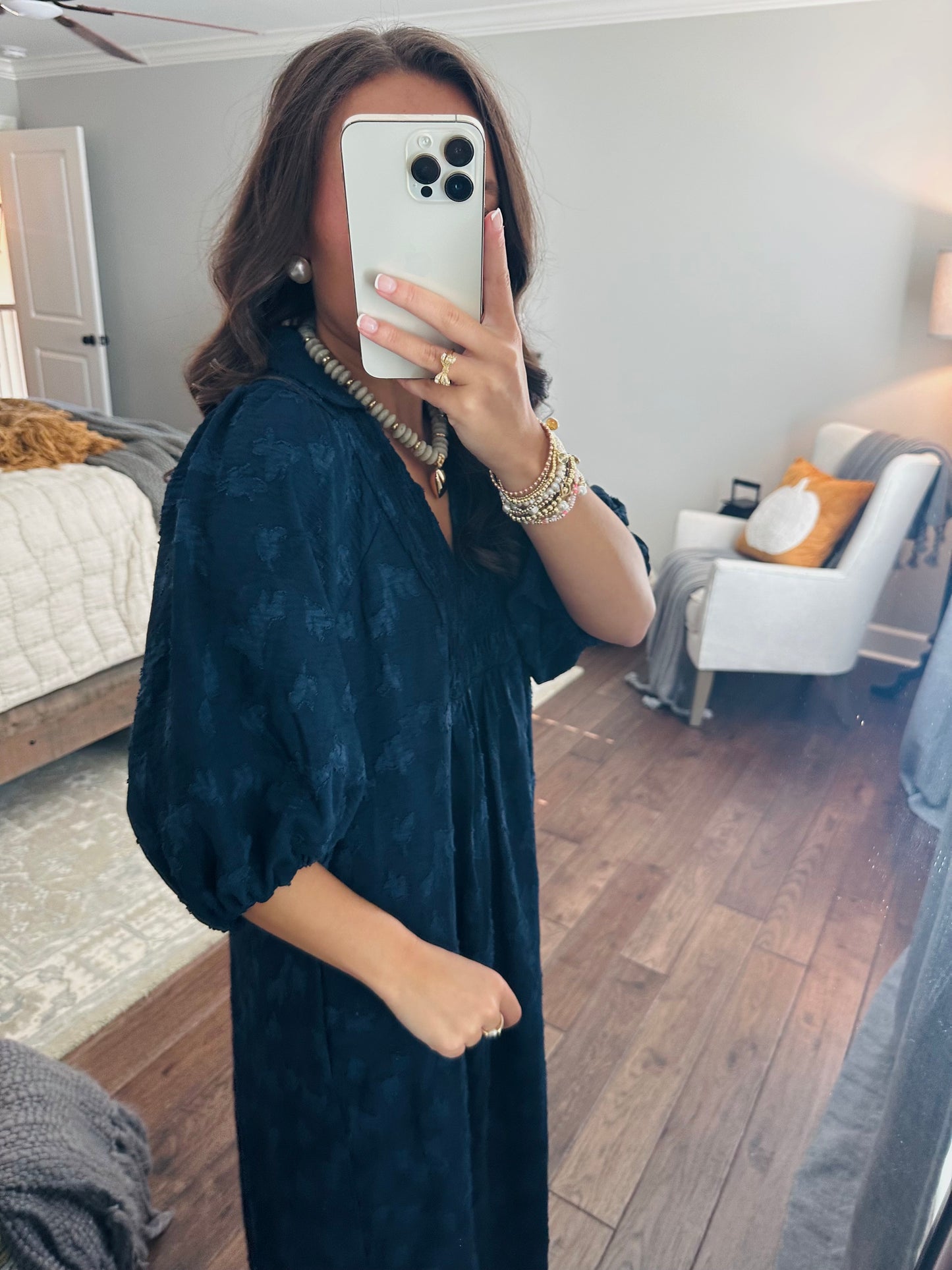 The Mina Navy Textured Midi Dress