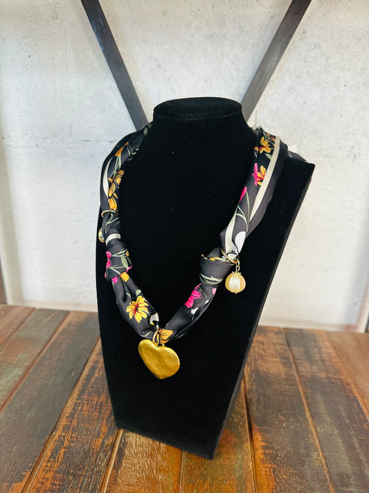 Black Floral Silk Scarf Necklace