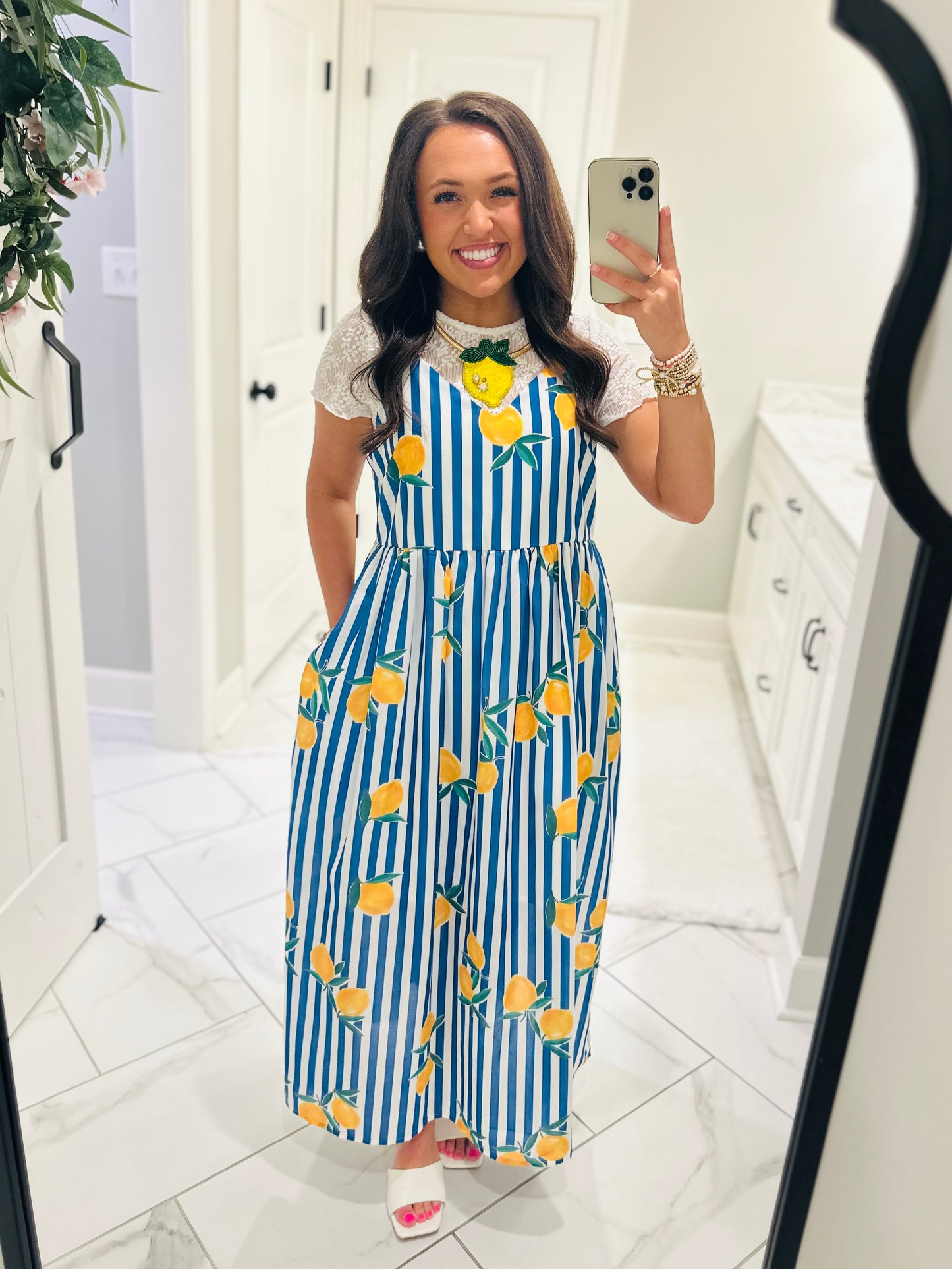 The Cass Blue Striped Lemon Midi Dress