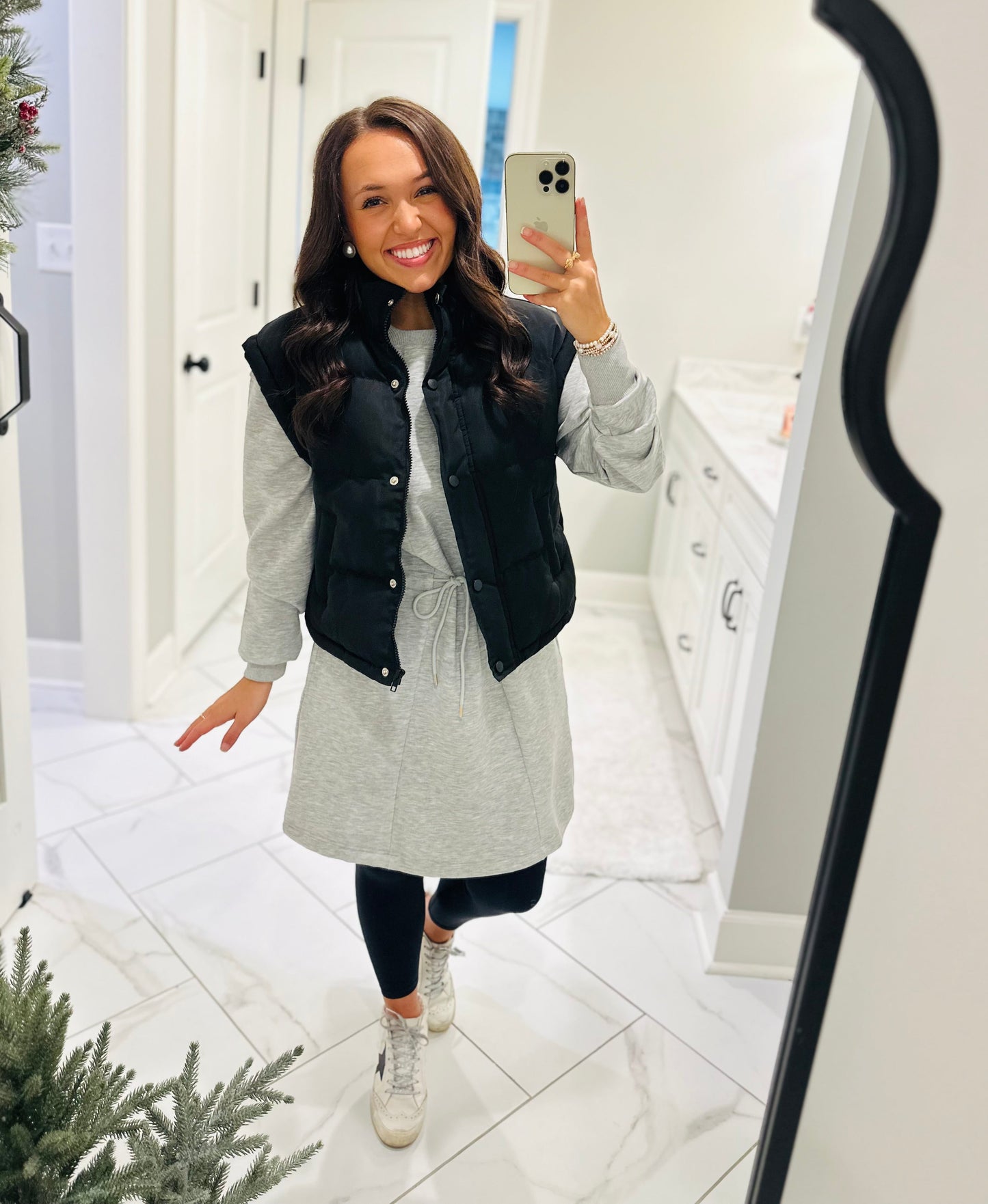 The Heather Grey Jersey Knit Longsleeve Drawstring Dress