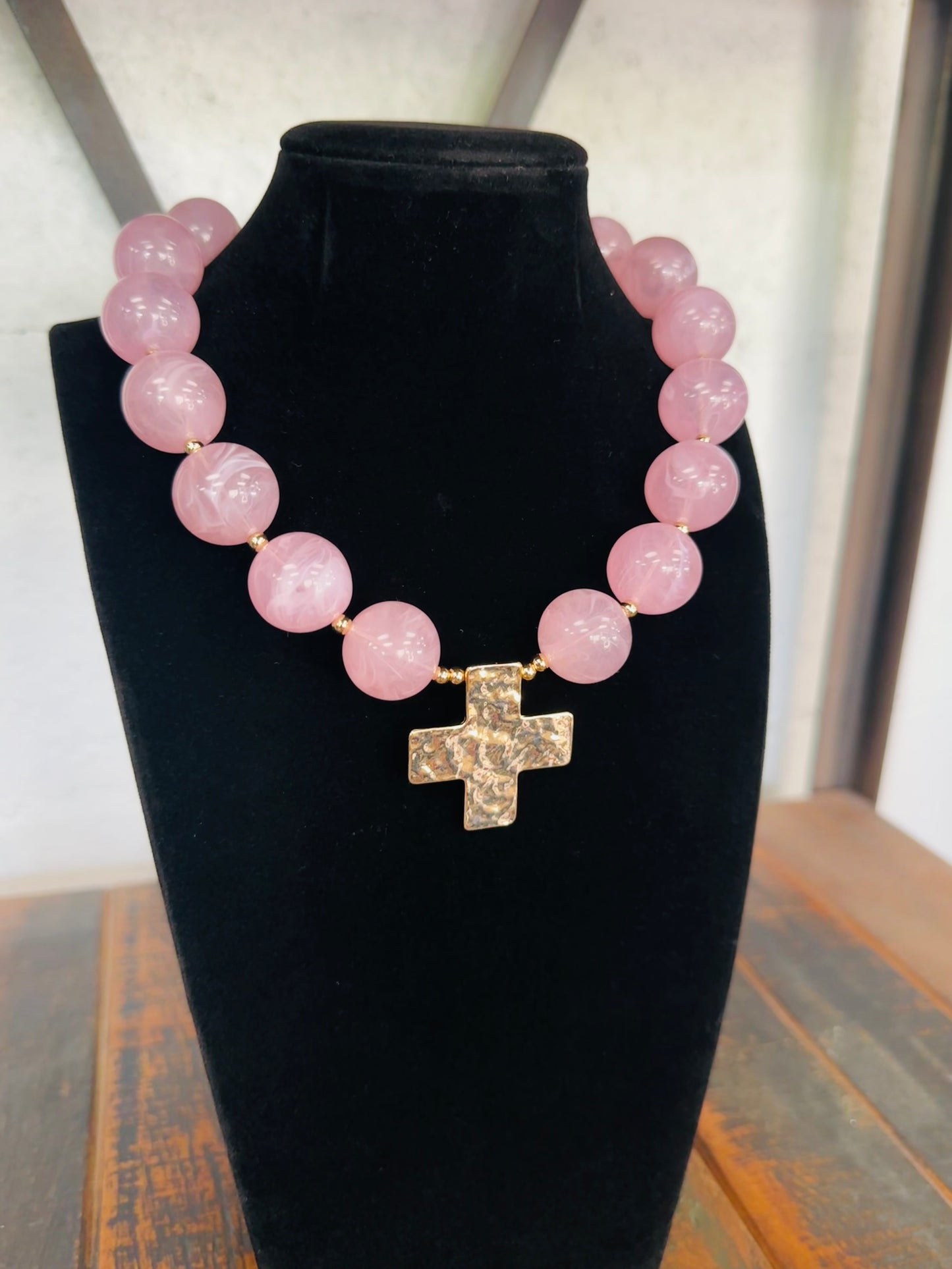 Pink + Gold Cross Pendant Marble Ball Necklace