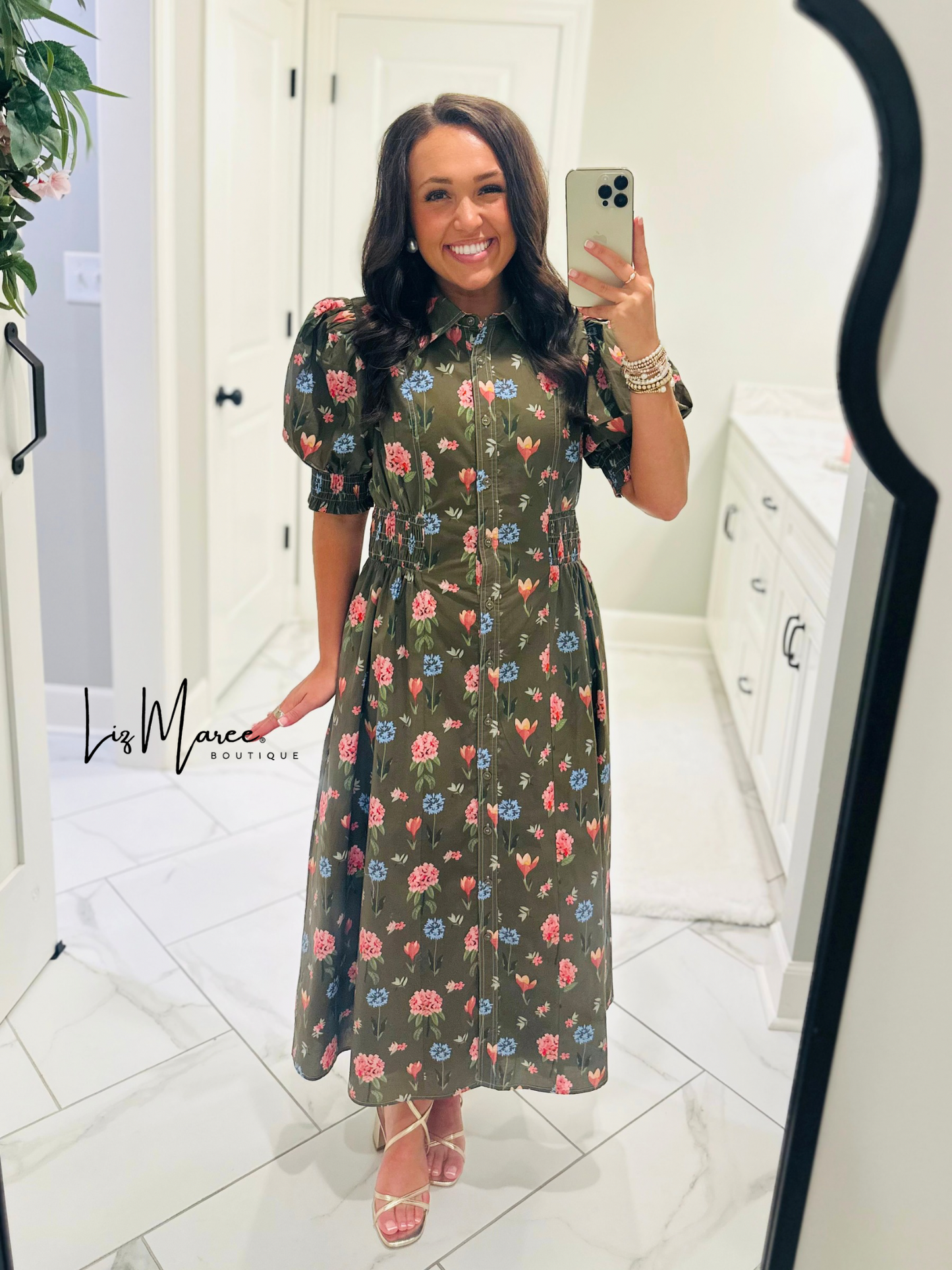 The Annie Olive Green Floral Midi Dress