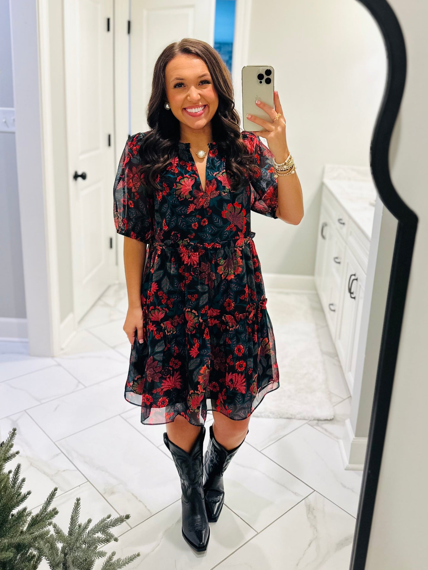 The Briala Black Floral Tiered Dress