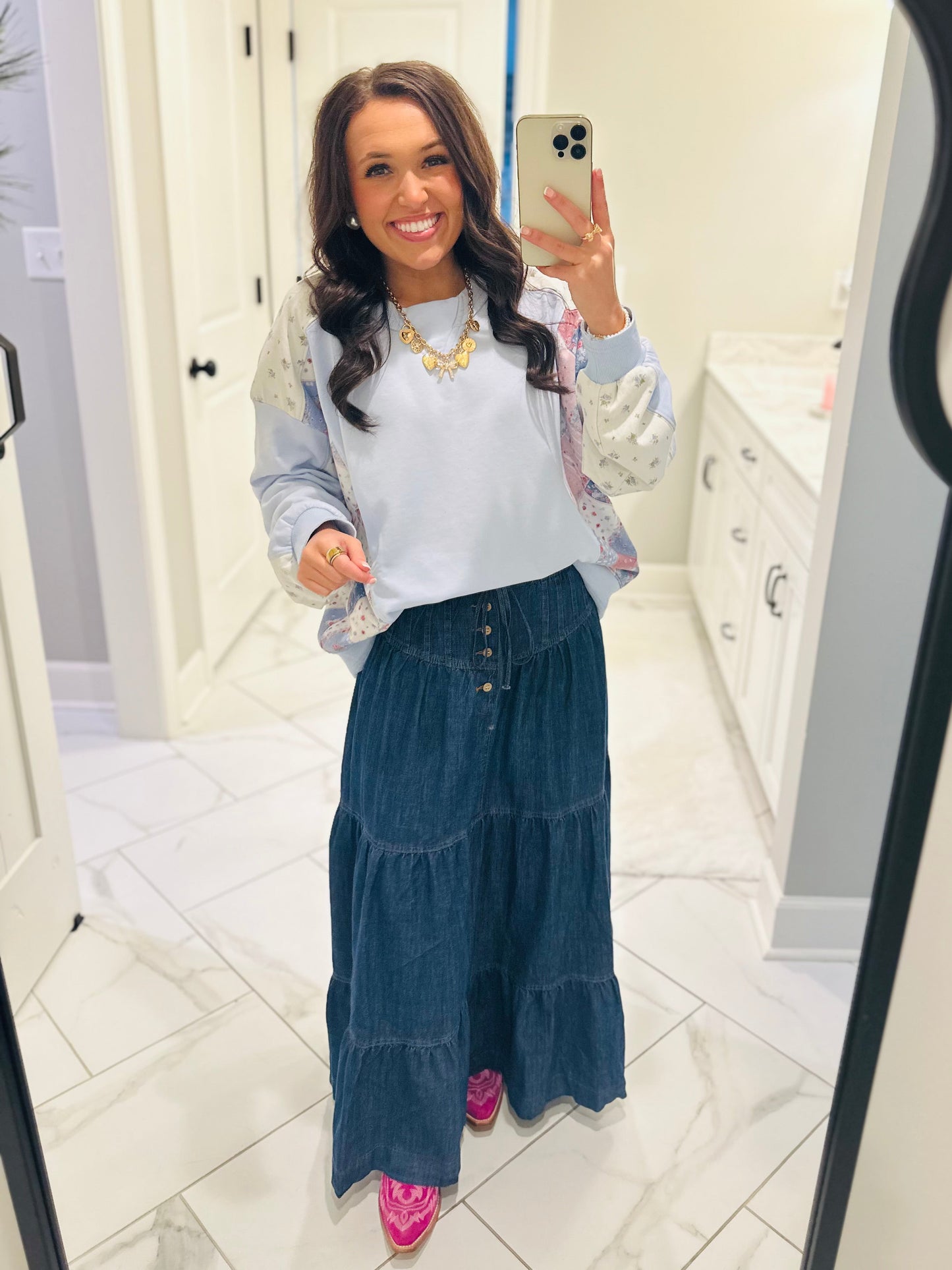 The Mamie Front Button Down Long Denim Skirt