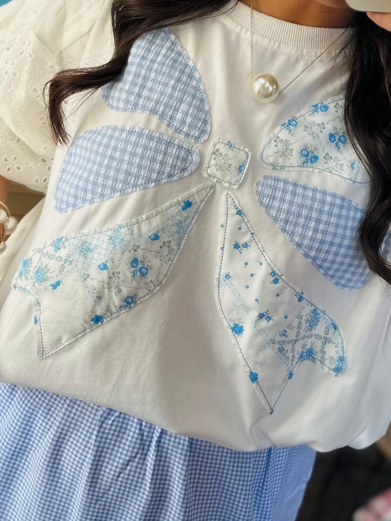 The Brylee Blue Bow Patchwork Top