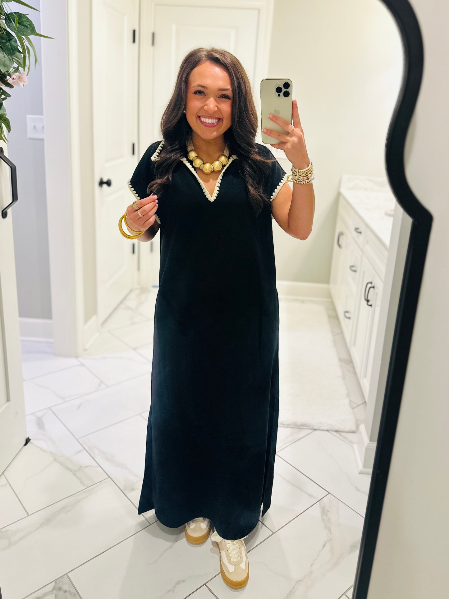 The Sarah Black Collared Stitch Midi Dress