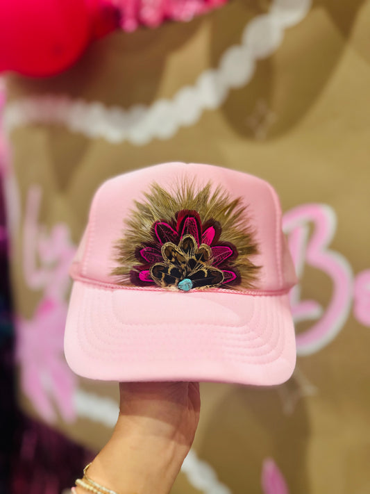 Baby Pink Feather Trucker Hat