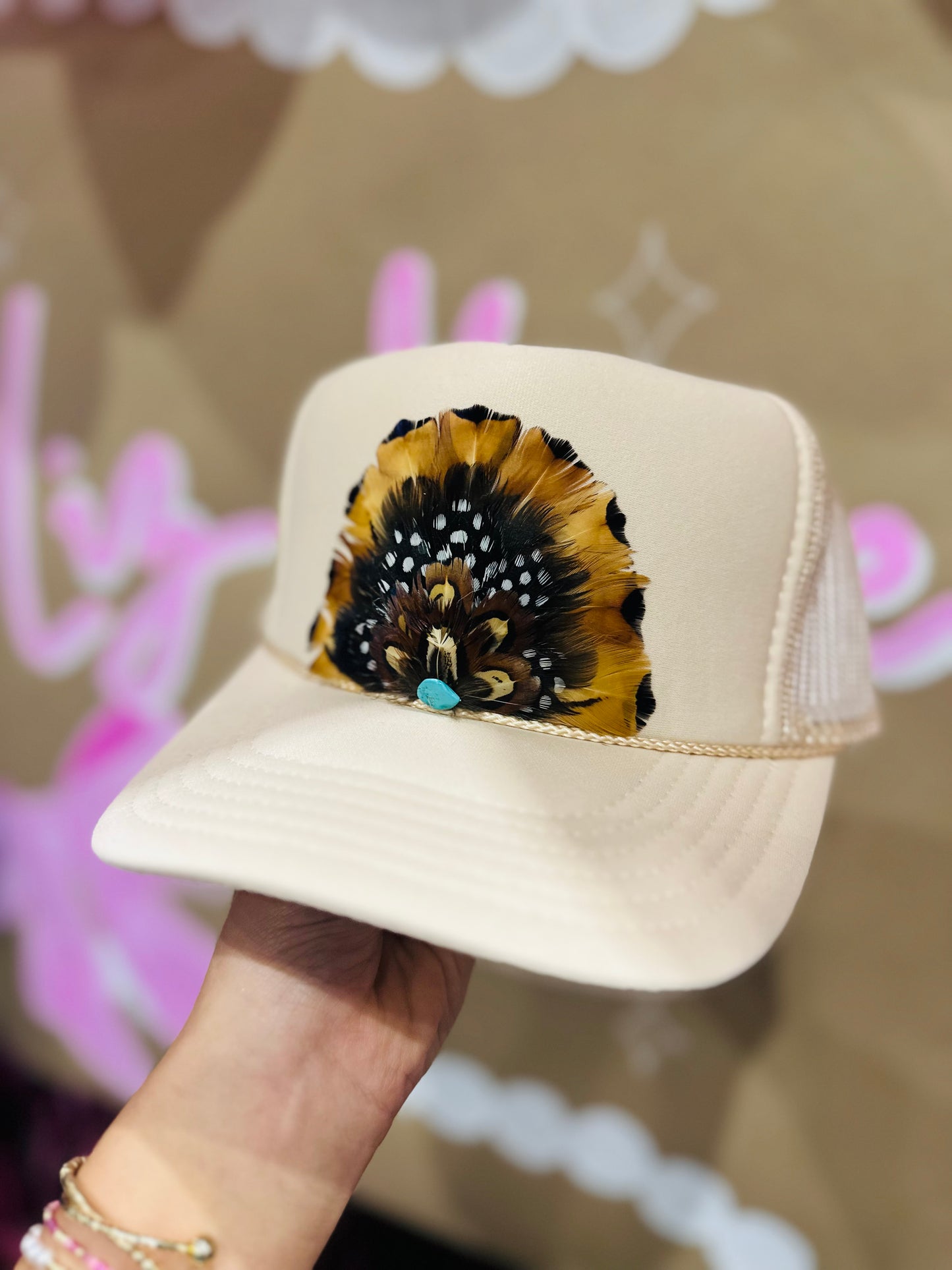 Tan Feather + Turquoise Stone Trucker Hat