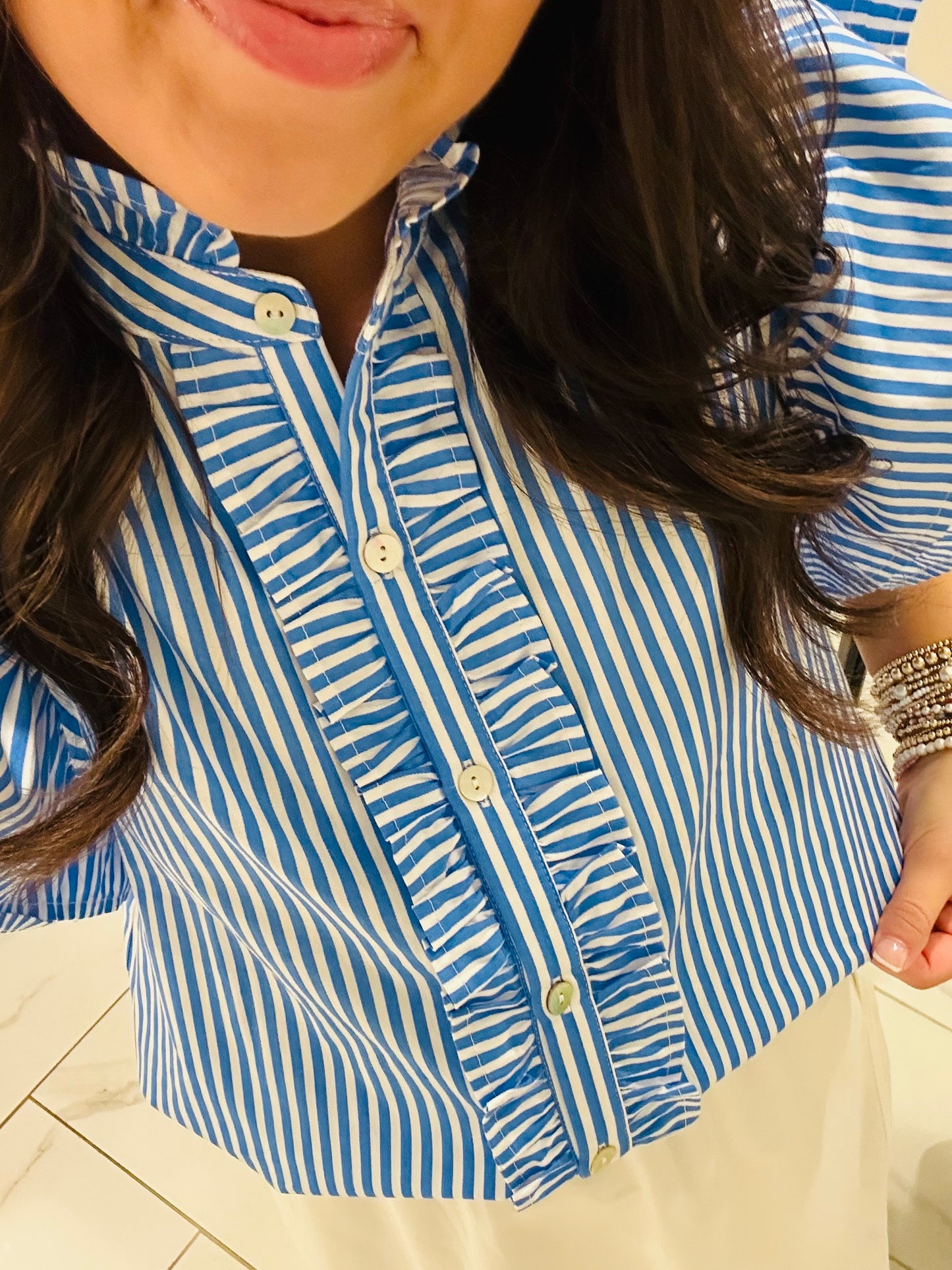 The Virginia Blue Striped Ruffle Top