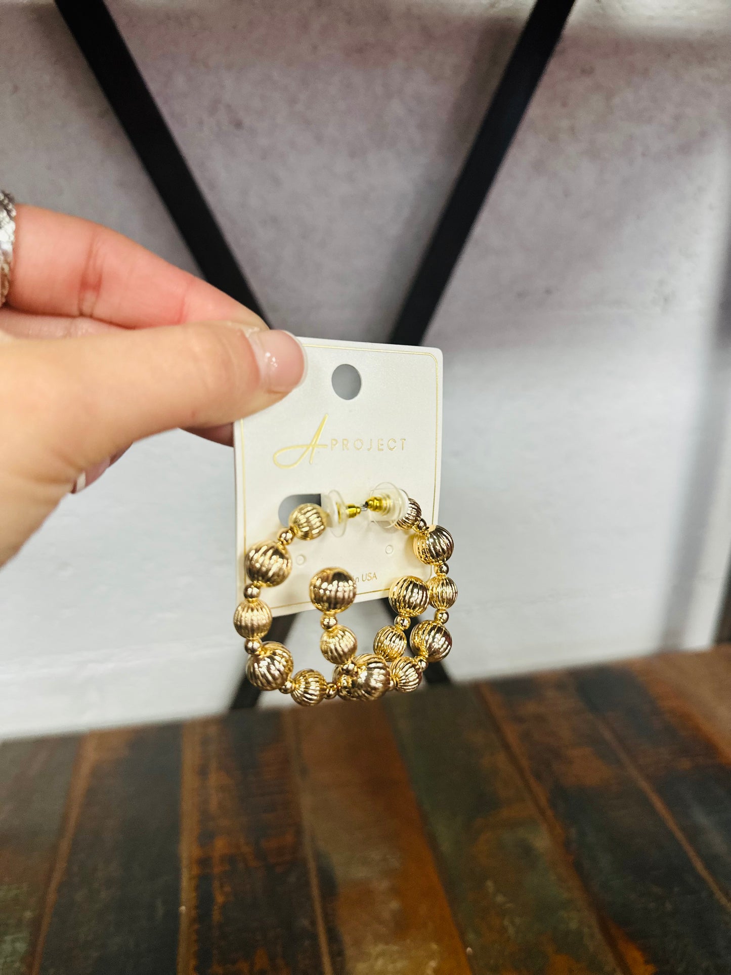 Gold Carved Ball Hoop Earring