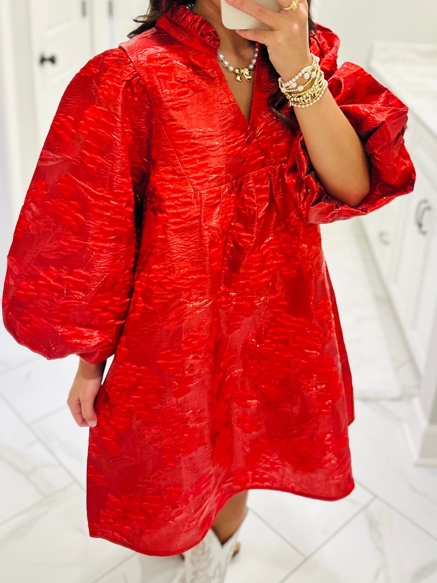 The Clara Red Jacquard Shimmer Dress