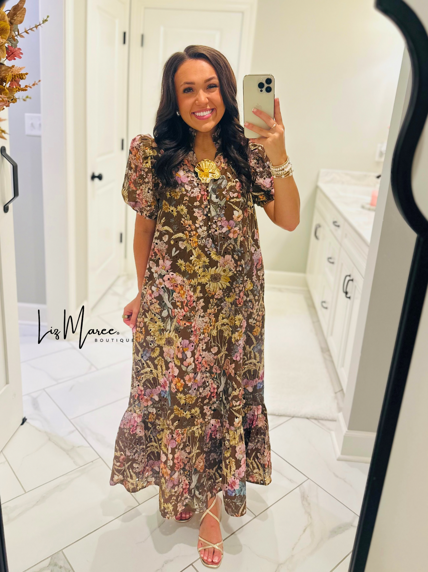 The Nadine Brown Floral Eyelet Midi Dress